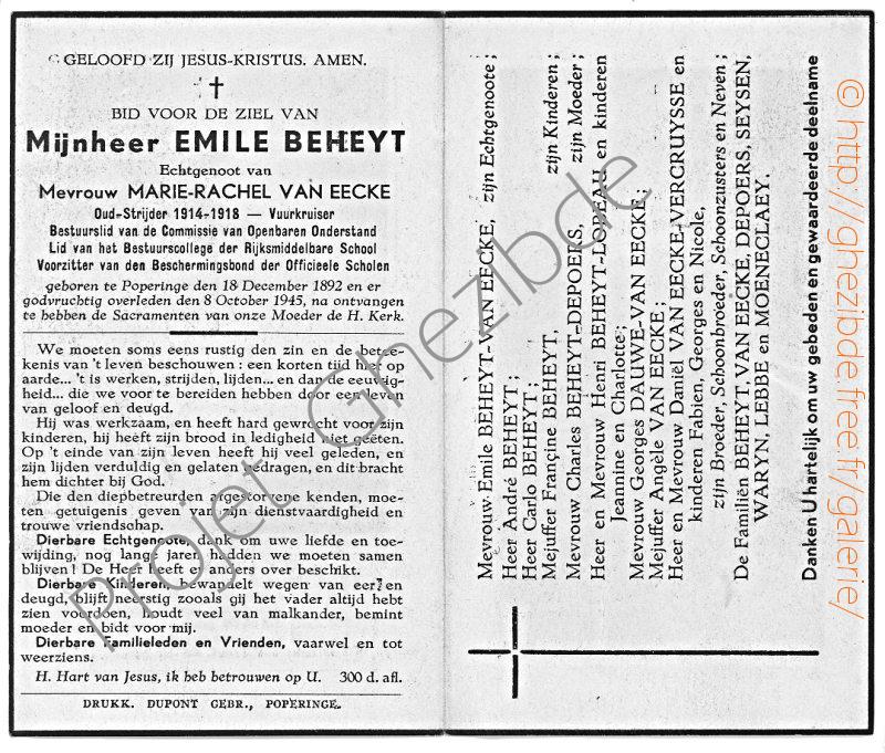 Emile BEHEYT echtgenoot van Mevrouw Marie Rachel VAN EECKE, overleden te Poperinge, den 8 October 1945.